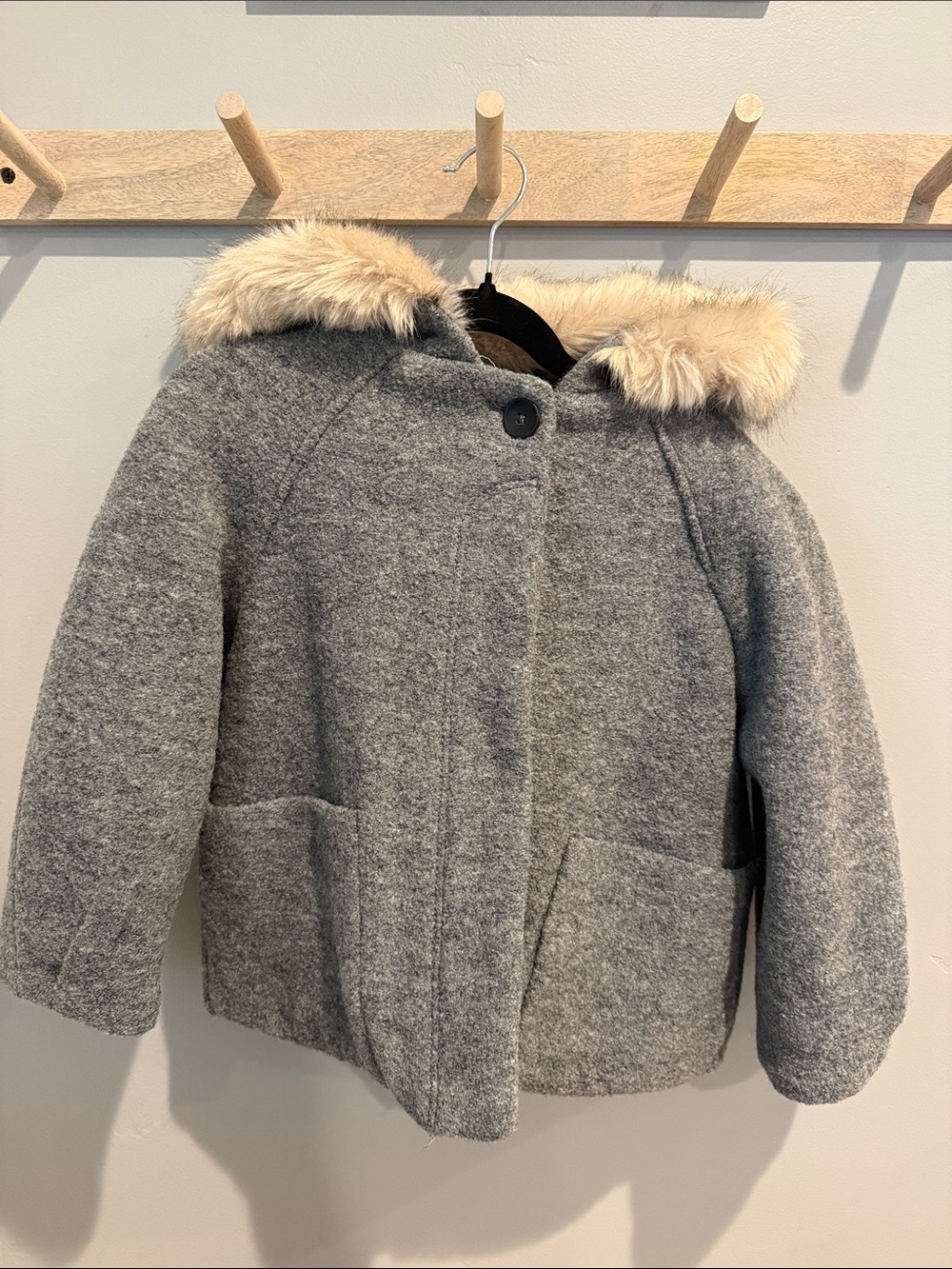 Zara Gray Wool-Blend Pea Coat with Faux-Fur Trim
